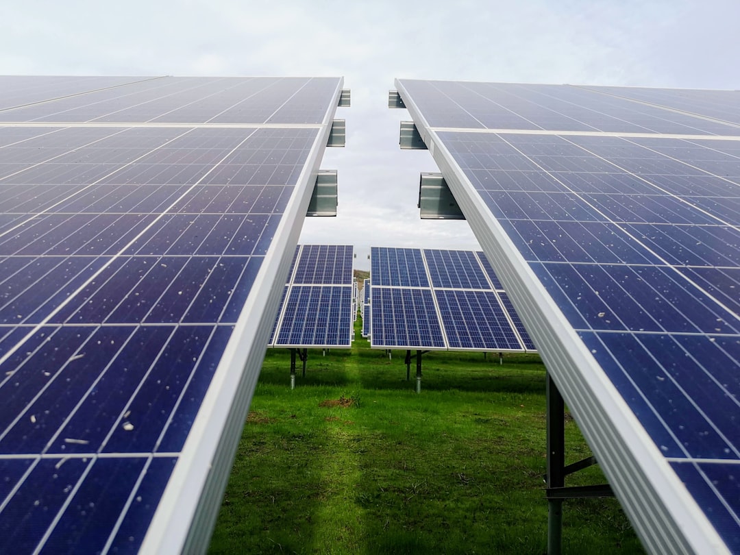 solar panels on grassy field and blue sky